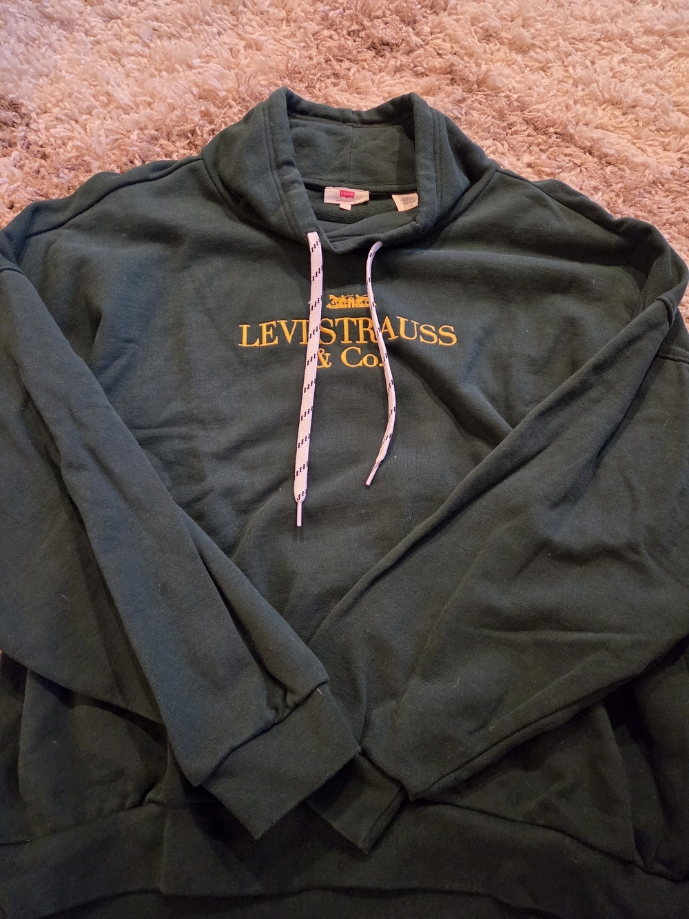 Vintage Levi's Dark Green Hoodie with Yellow Logo and Pink Drawstrings